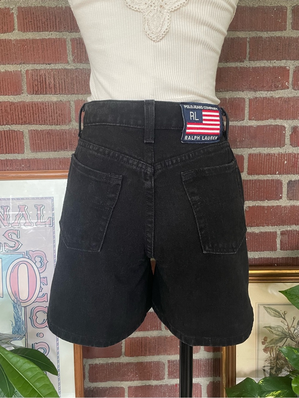 Ralph Lauren Black Denim High-Waist Jean Shorts with Flag Patch